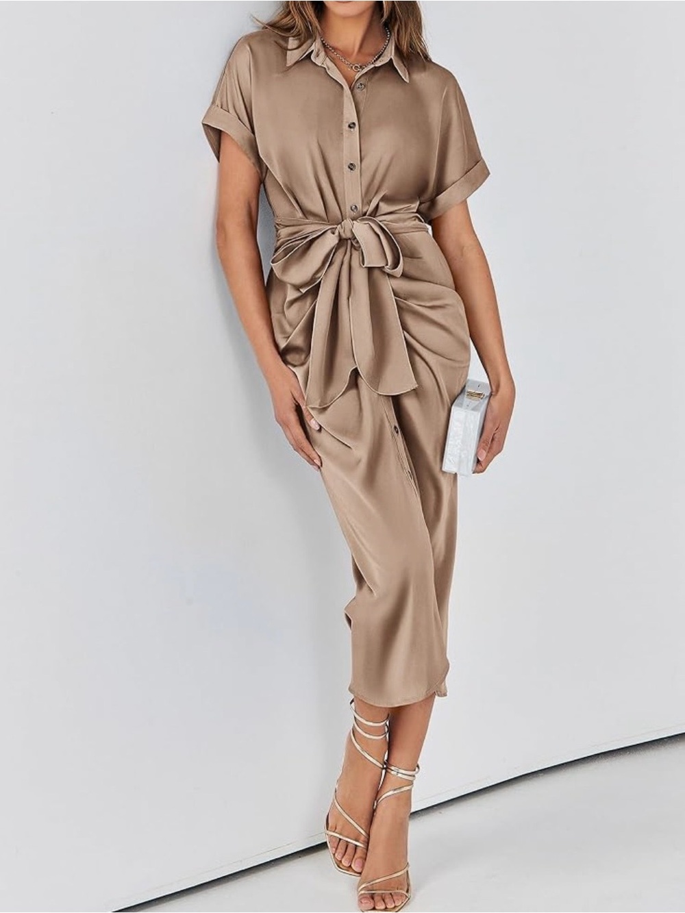 BTFBM Button-Front Tan Shirtdress with Twist Detail
